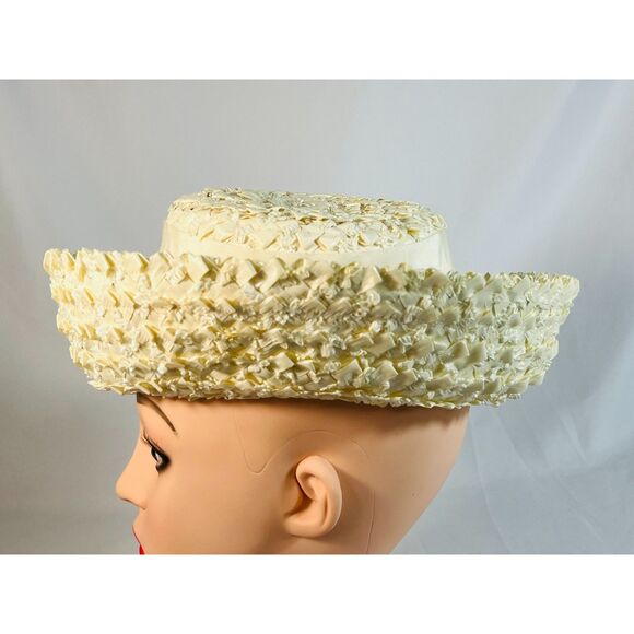Vintage Nita of Dallas Ivory Pillbox Hat Ribbon Woven Straw - Picture 4 of 8